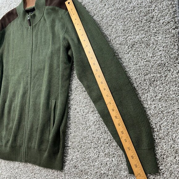 Roundtree & Yorke Sz L Green Full-Zip Ribbed Sweater With Suede Shoulder Patches - Picture 8 of 9